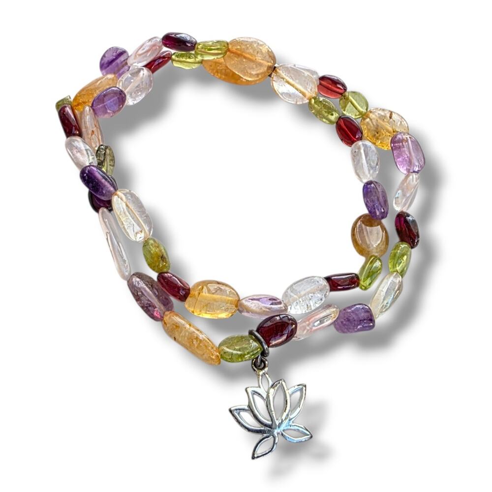 Lotus Multi Gemstone Beaded Bracelet New Stretch Double Two Strand Silver 925 MJ